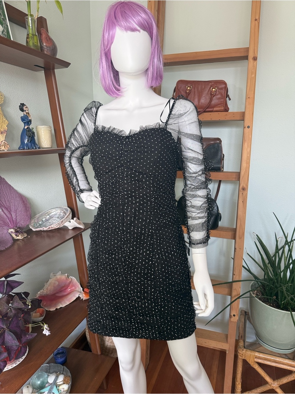 Endless Rose Black w/ White Polka Dot Mesh-Sleeve Dress